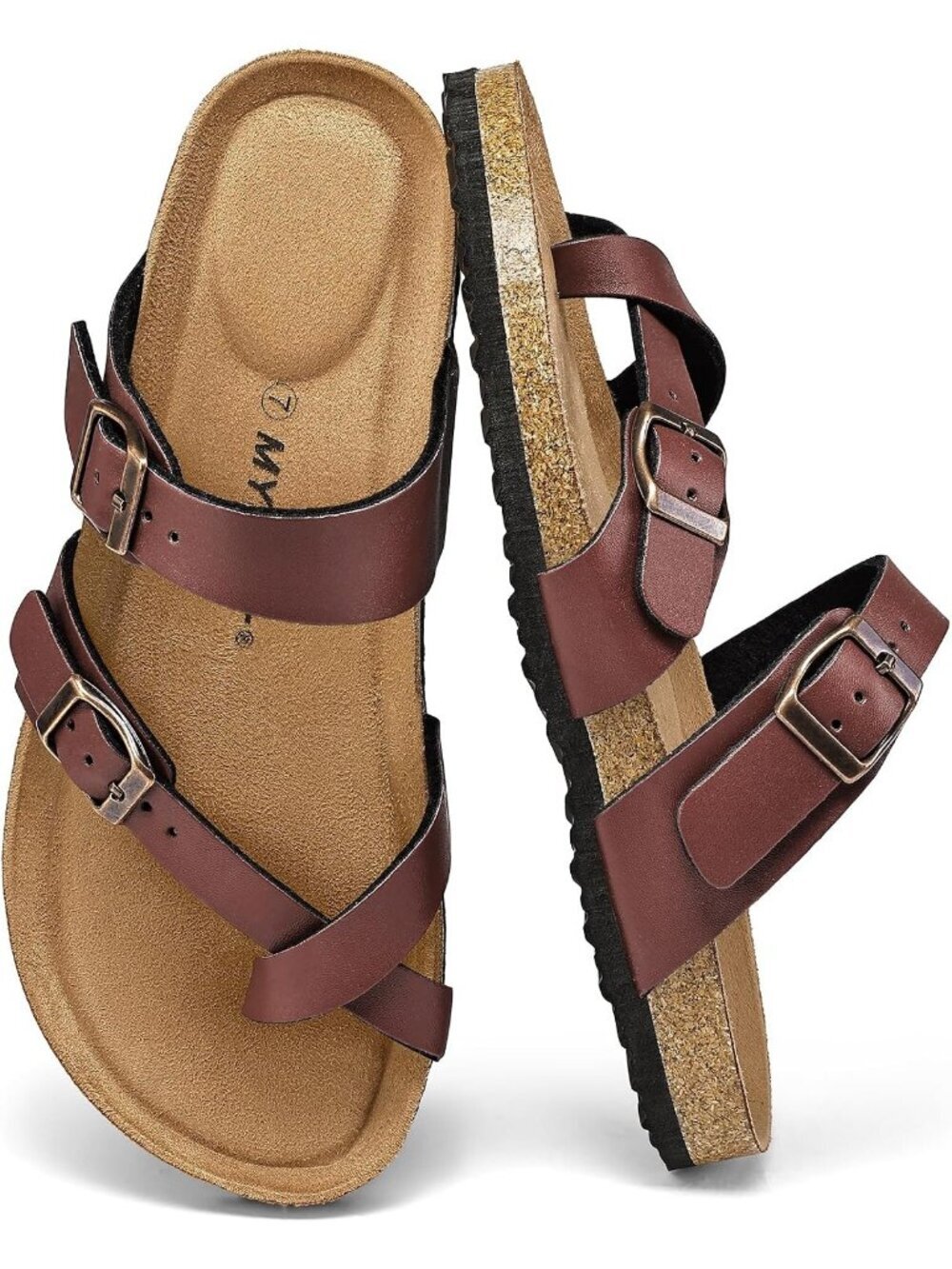 Women's Brown Double Adjustable Buckle Slide Cork Footbed Slip On Sandal Shoes